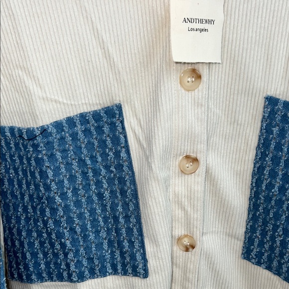 NWT Andthewhy denim Blue/Cream cordoroy colorblock Button-Down Shirt - Picture 7 of 10